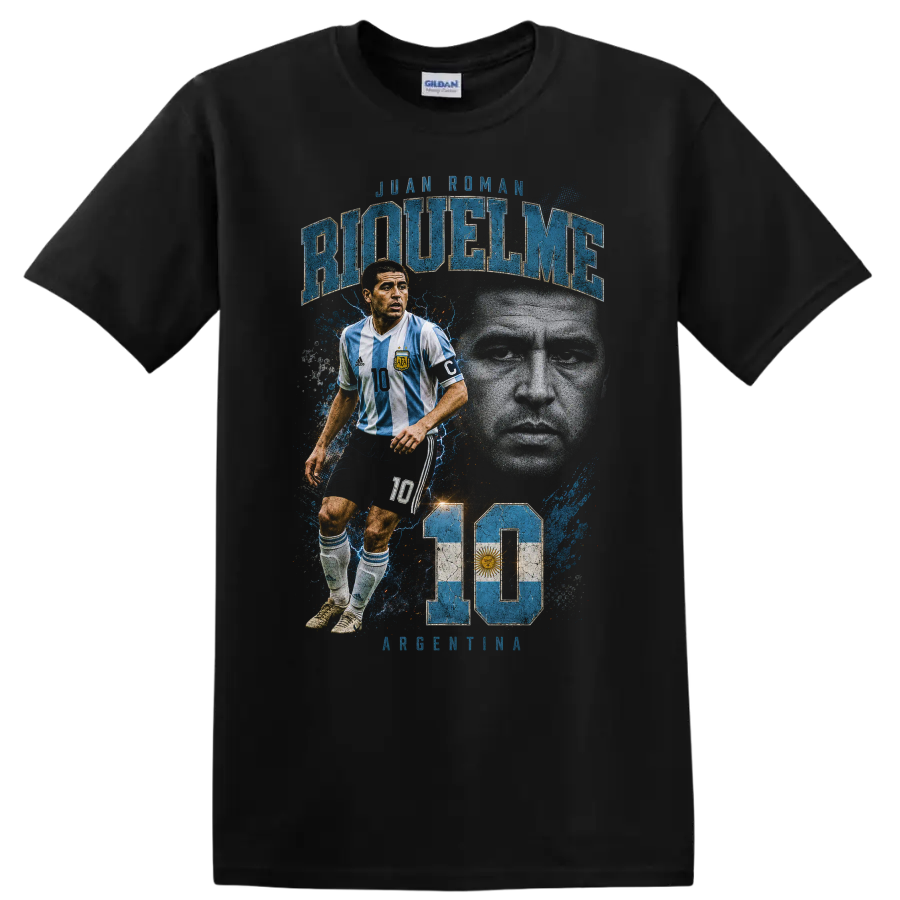 Juan Román Riquelme Argentina soccer portrait graphic print with number 10 on a Black T Shirt