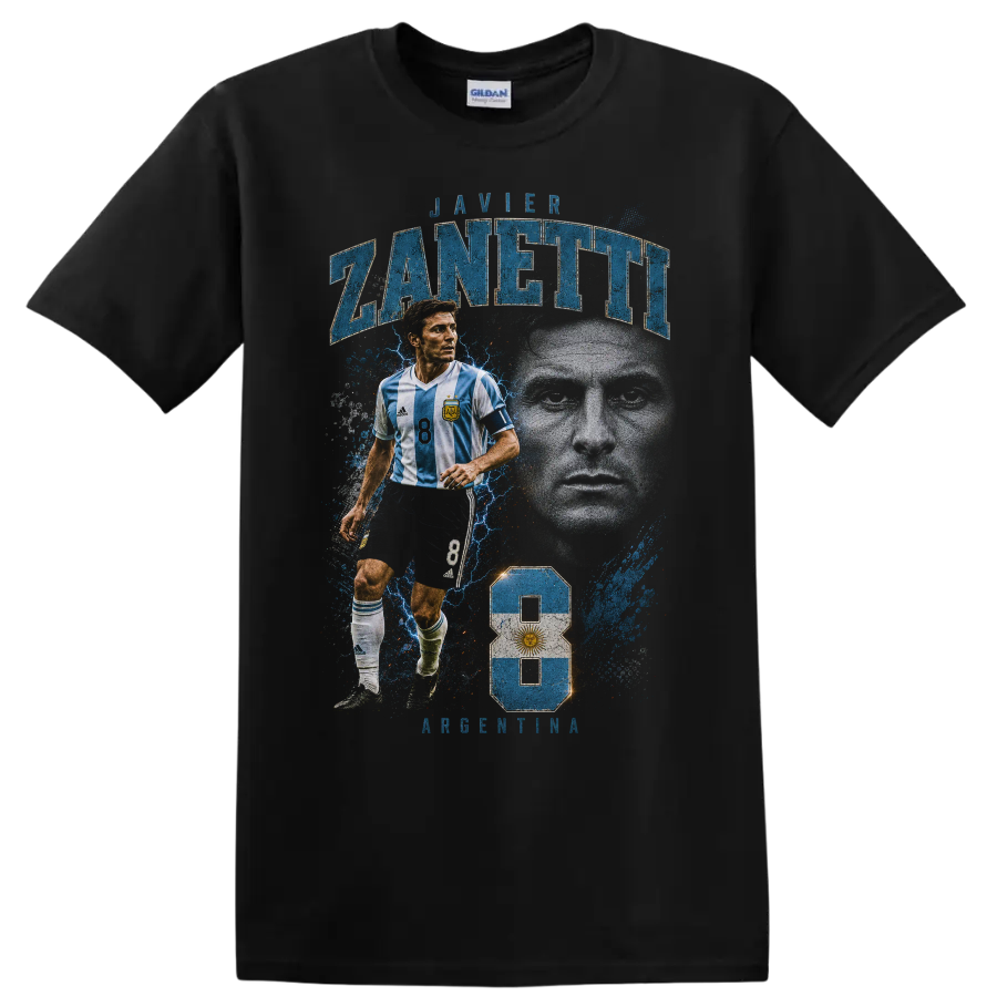 Javier Zanetti Argentina soccer portrait and action graphic with number 8 on a Black T Shirt