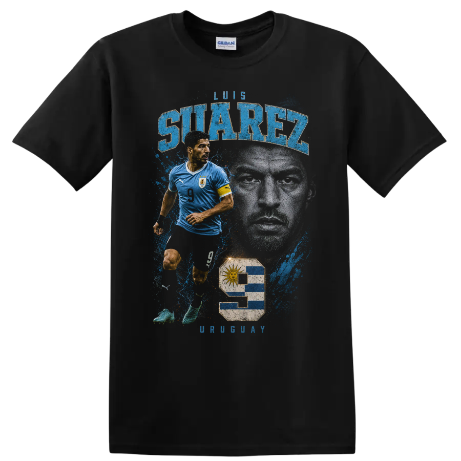 Luis Suárez Uruguay soccer action portrait graphic with bold name text on a Black T Shirt