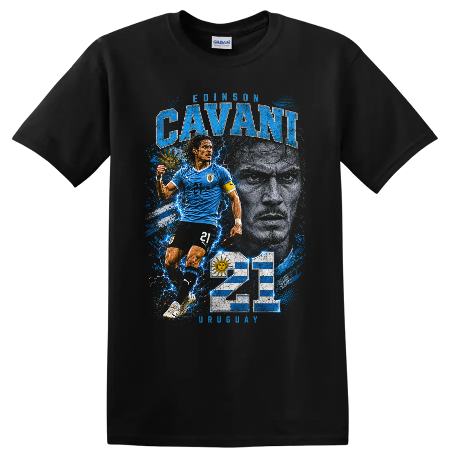 Edinson Cavani Uruguay soccer graphic with portrait, action pose, and number 21 on a Black T Shirt