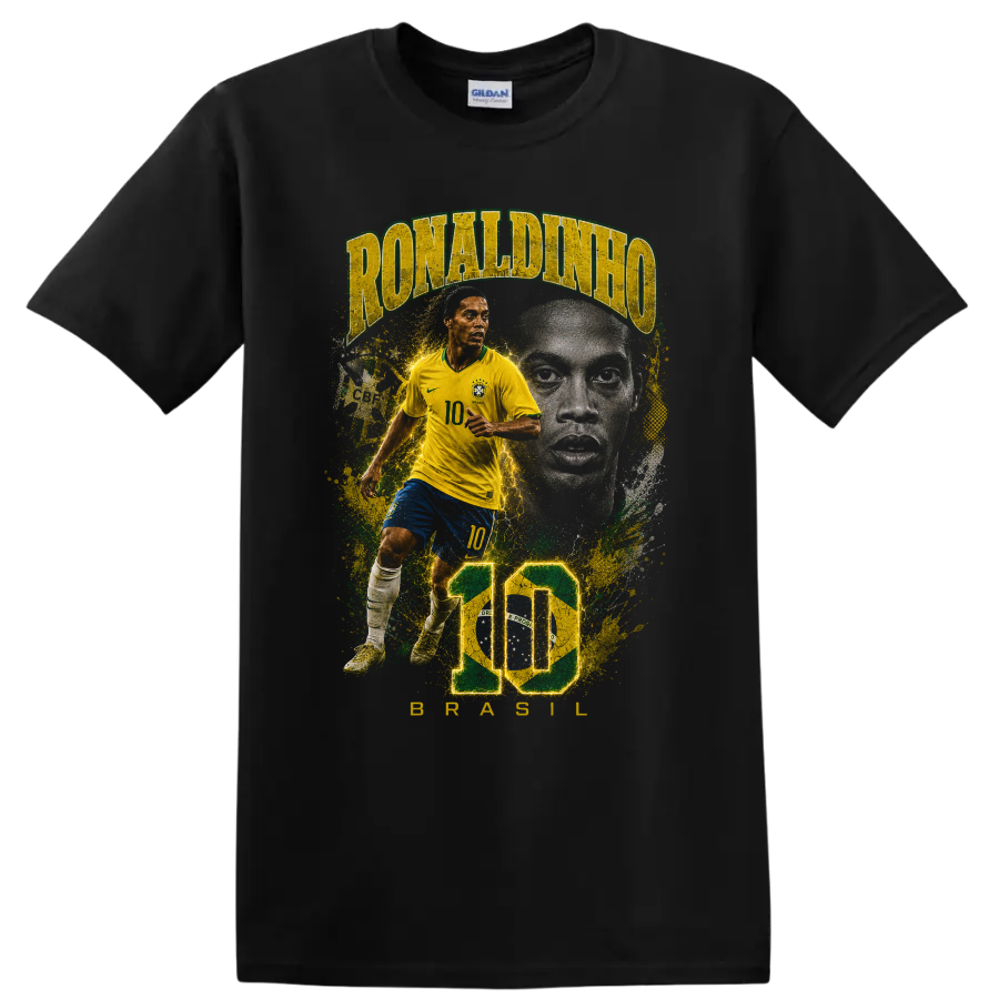 Ronaldinho Brazil soccer graphic with number 10 and bold portrait artwork on a Black T Shirt