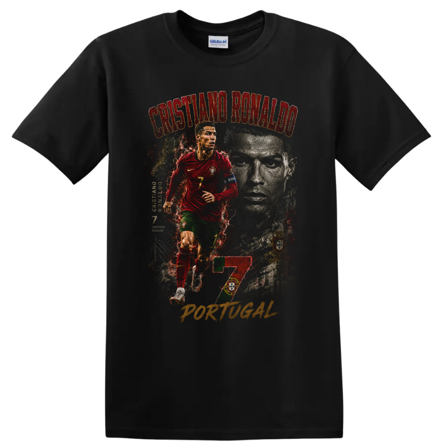 Cristiano Ronaldo Portugal soccer action portrait with number 7 on a Black T Shirt