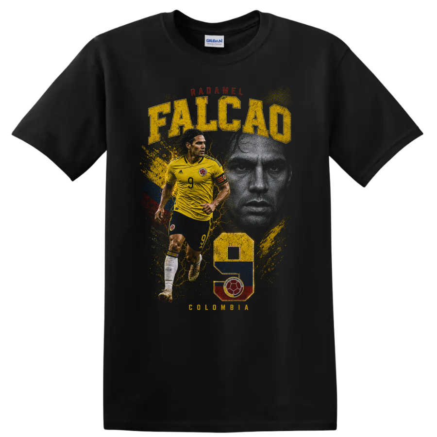 Radamel Falcao Colombia soccer graphic with FALCAO text and number 9 on a Black T Shirt