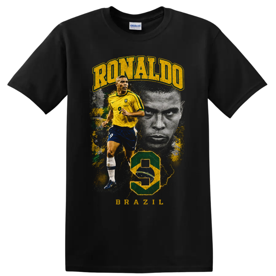 Ronaldo Nazário Brazil soccer action portrait graphic with bold lettering on a Black T Shirt