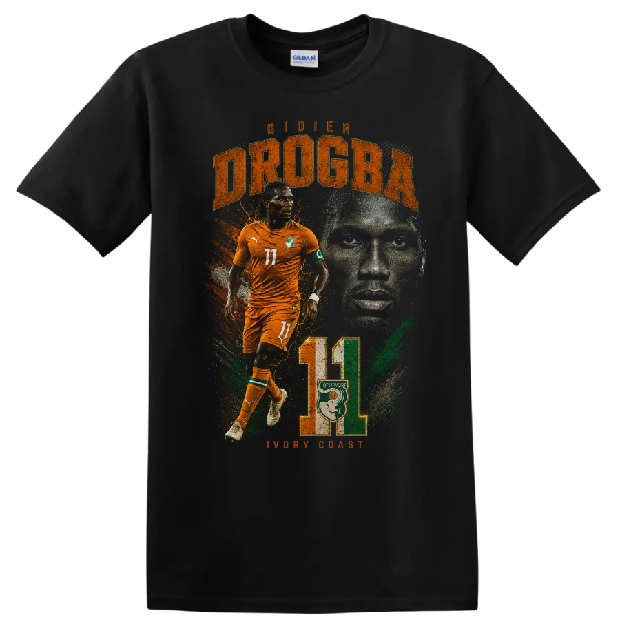Didier Drogba Ivory Coast soccer action portrait with DROGBA text on a Black T Shirt