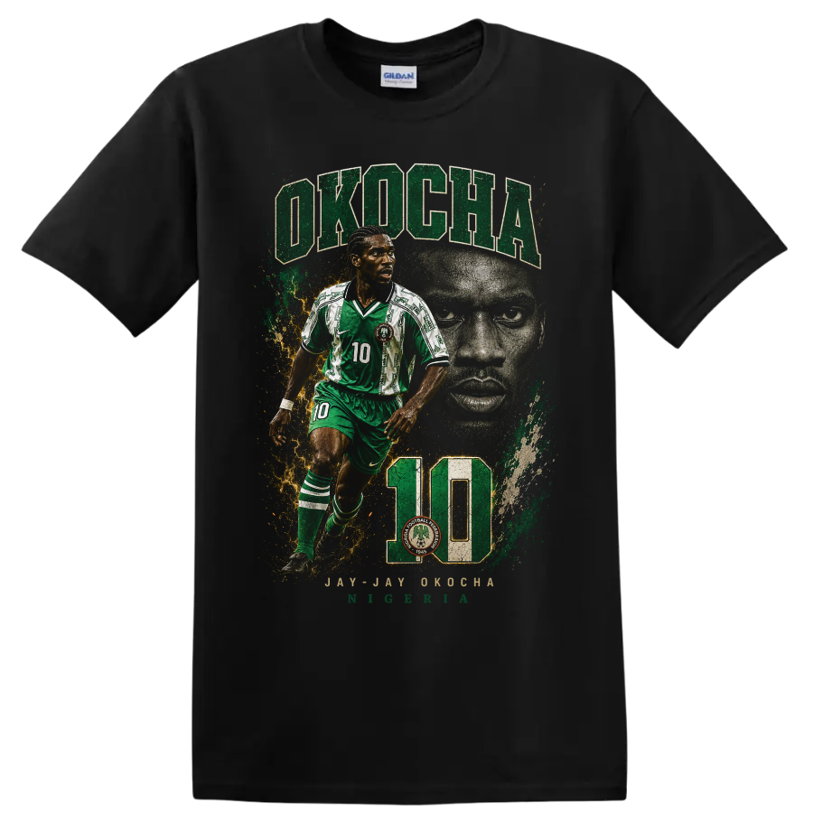 Jay-Jay Okocha Nigeria soccer graphic with OKOCHA and number 10 on a Black T Shirt