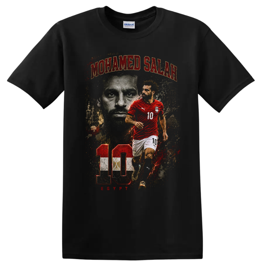 Mohamed Salah Egypt soccer action portrait with number 10 on a Black T Shirt