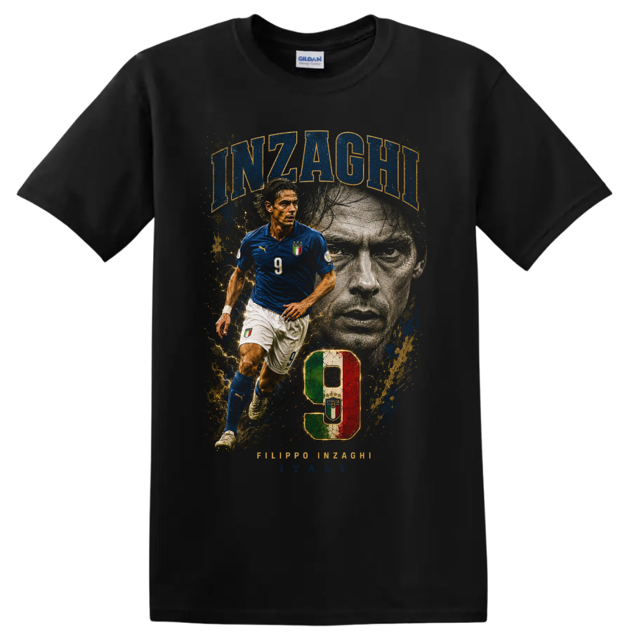 Filippo Inzaghi Italy soccer player number 9 distressed graphic print on a Black T Shirt