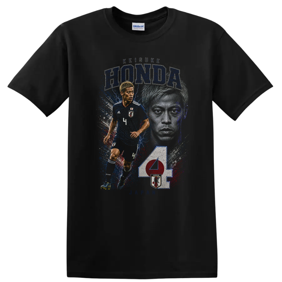 Keisuke Honda Japan soccer action portrait with HONDA and JAPAN text on a Black T Shirt