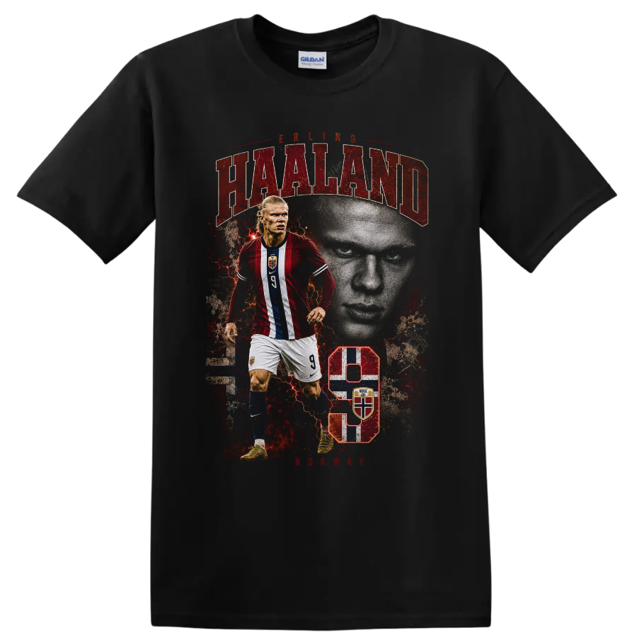 Erling Haaland Norway soccer player graphic with number 9 on a Black T Shirt