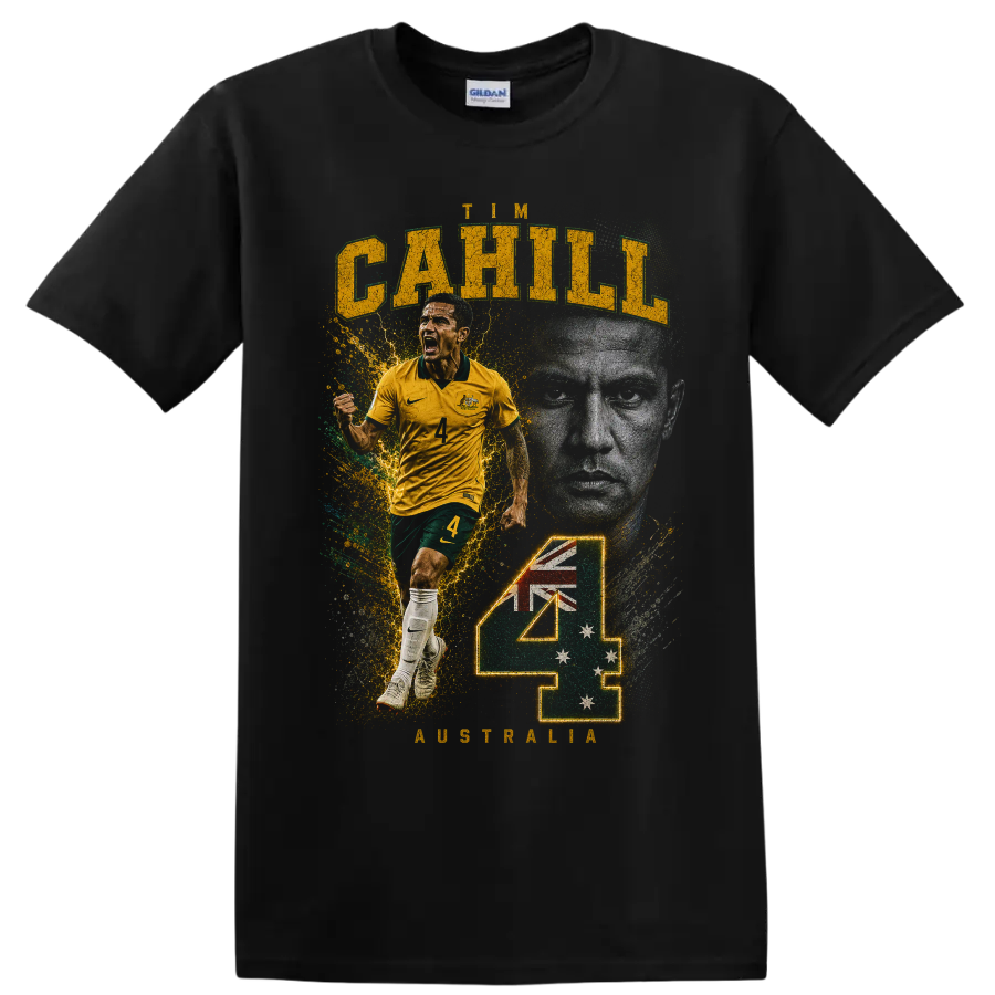 Tim Cahill Australia soccer tribute graphic with number 4 on a Black T Shirt