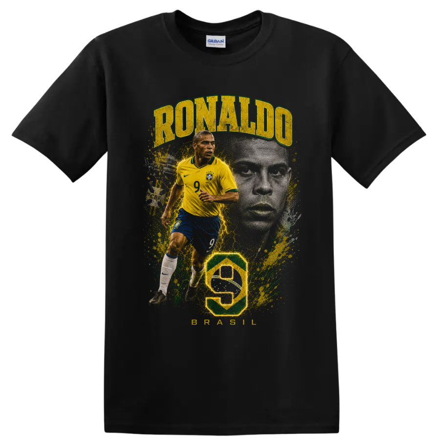 Ronaldo Nazário Brazil soccer collage with number 9 and portrait on a Black T Shirt