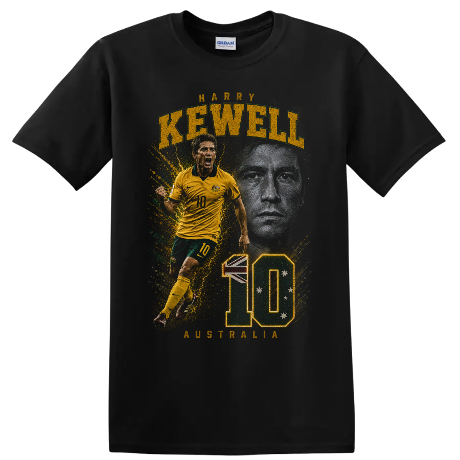 Harry Kewell Australia soccer graphic with KEWELL and number 10 on a Black T Shirt