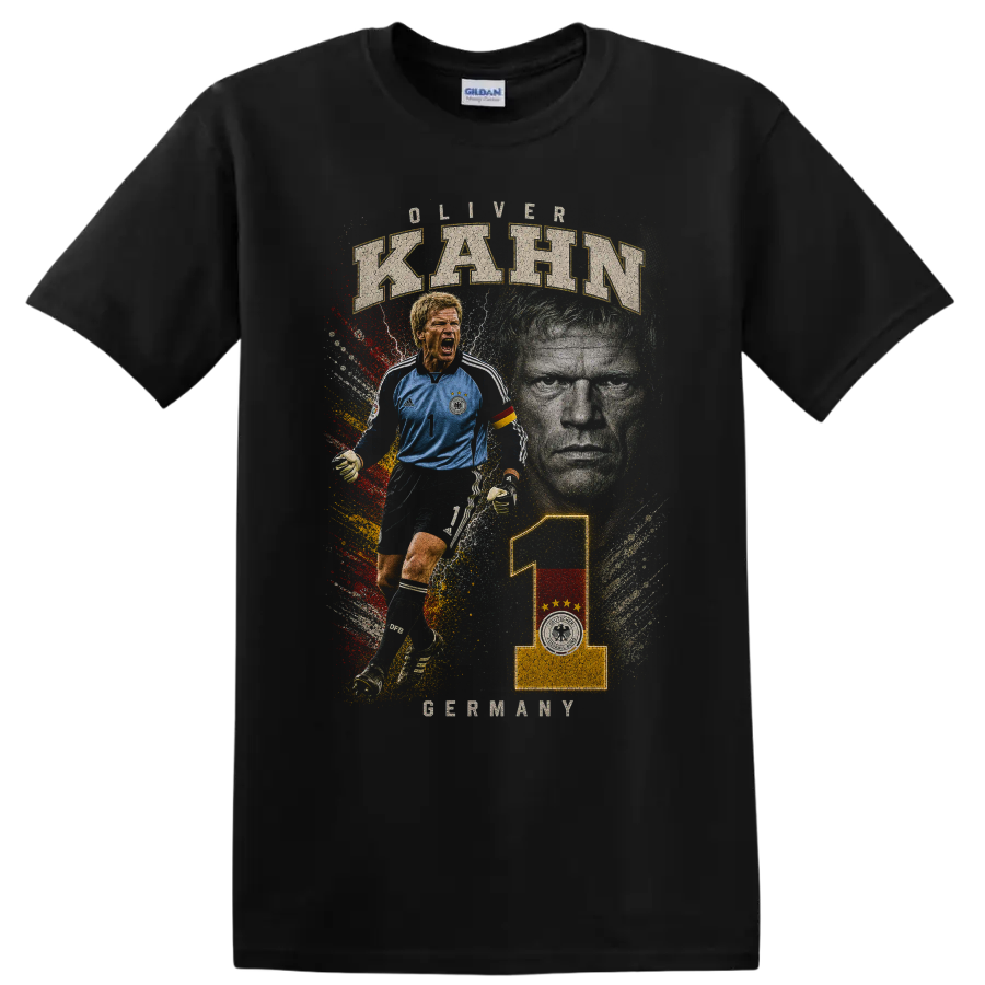 Oliver Kahn Germany goalkeeper graphic with KAHN text on a Black T Shirt
