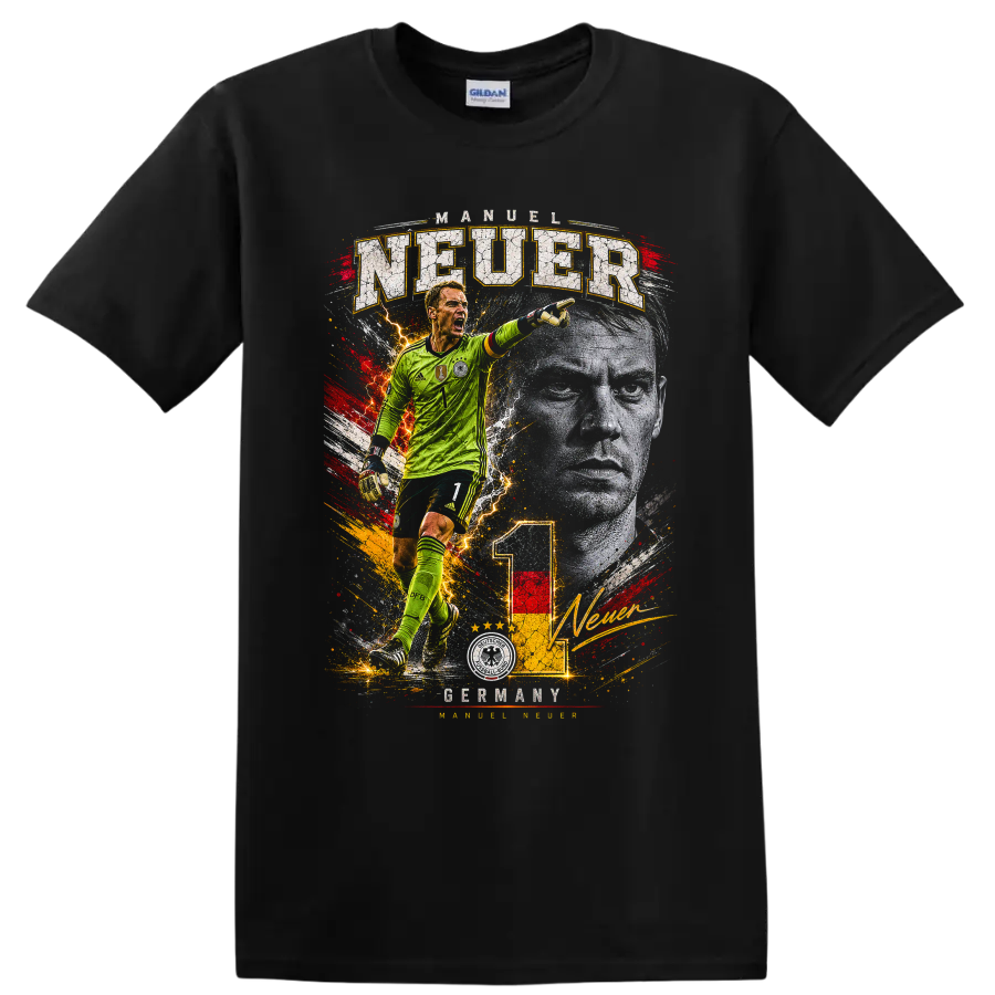 Manuel Neuer Germany goalkeeper action graphic with distressed lettering on a Black T Shirt