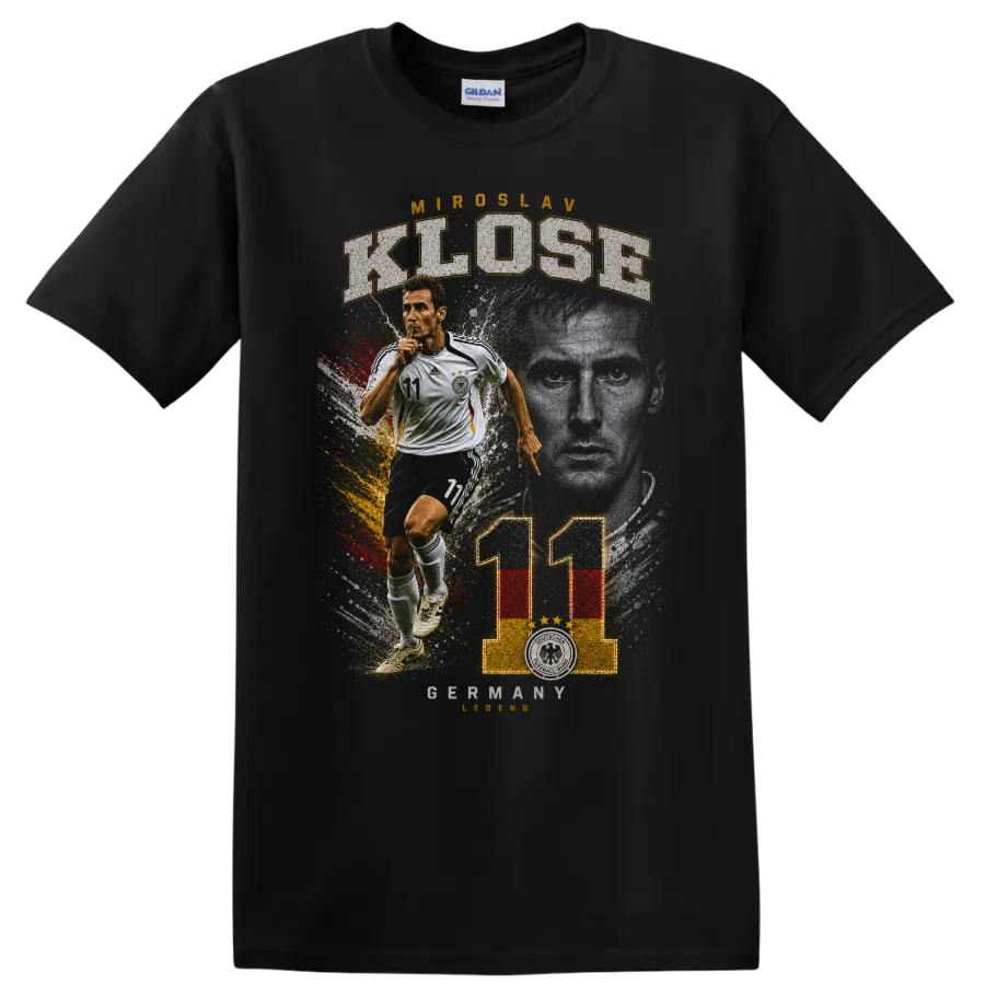 Miroslav Klose Germany soccer number 11 action portrait graphic on a Black T Shirt