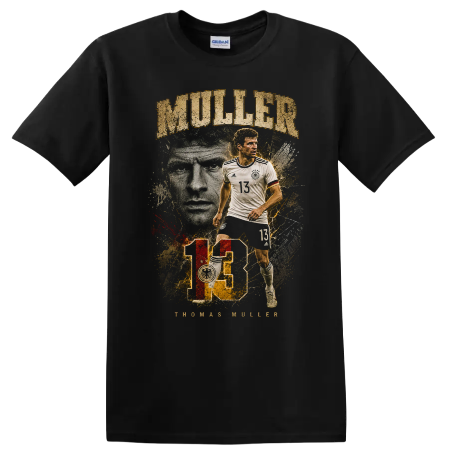 Thomas Müller Germany soccer player vintage portrait with MULLER text on a Black T Shirt