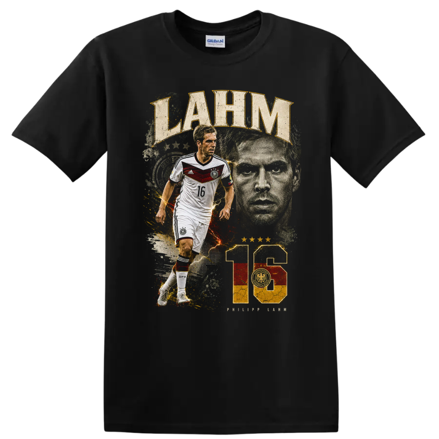 Philipp Lahm Germany soccer tribute graphic with LAHM text and number 16 on a Black T Shirt
