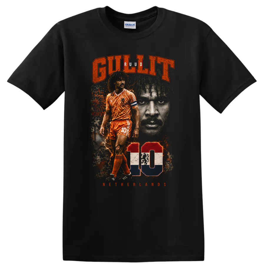 Ruud Gullit Netherlands soccer graphic with orange kit and number 10 on a Black T Shirt
