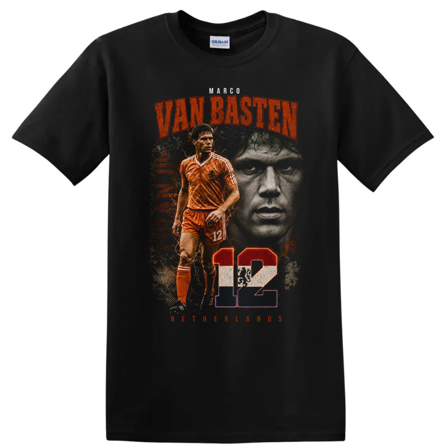 Marco van Basten Netherlands soccer retro graphic with number 12 on a Black T Shirt