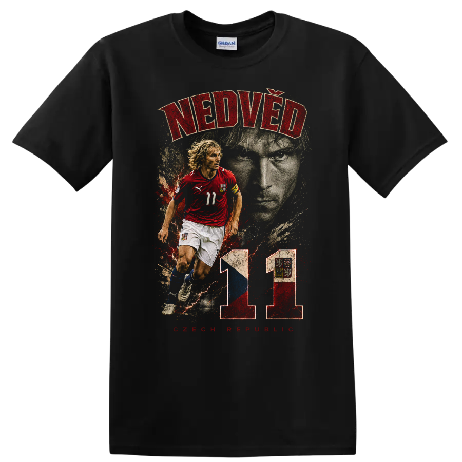 Pavel Nedvěd Czech soccer action portrait with number 11 graphic on a Black T Shirt