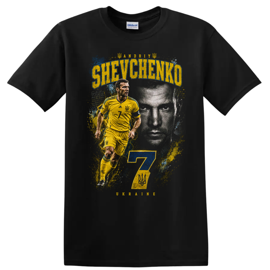 Andriy Shevchenko Ukraine soccer action portrait with number 7 on a Black T Shirt