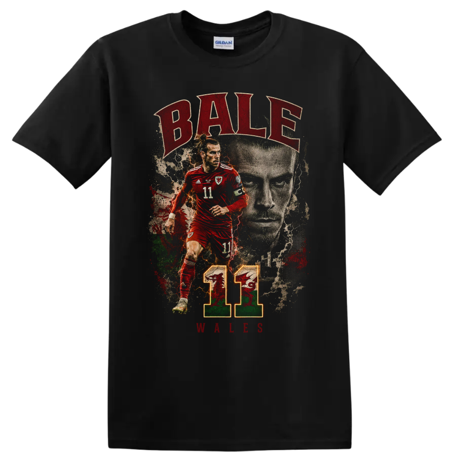 Gareth Bale Wales soccer graphic with BALE, WALES, and number 11 on a Black T Shirt