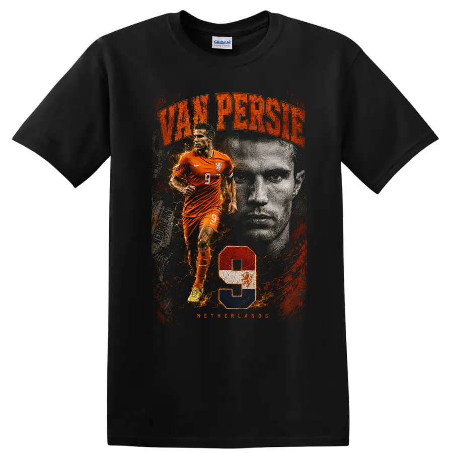 Robin van Persie Netherlands soccer vintage action portrait number 9 on a Black T Shirt