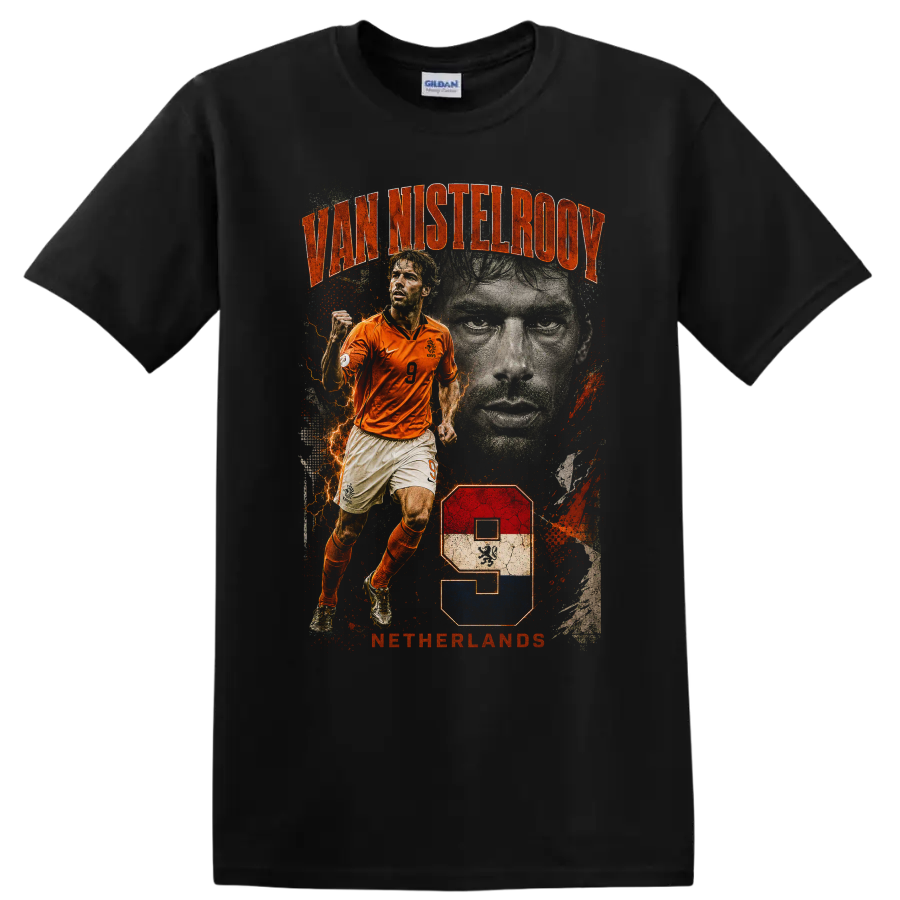 Ruud van Nistelrooy Netherlands soccer graphic with VAN NISTELROOY text on a Black T Shirt