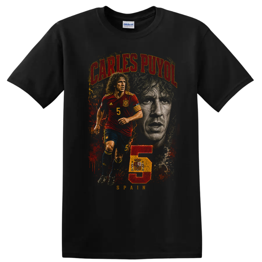 Carles Puyol Spain soccer action and portrait graphic with number 5 on a Black T Shirt