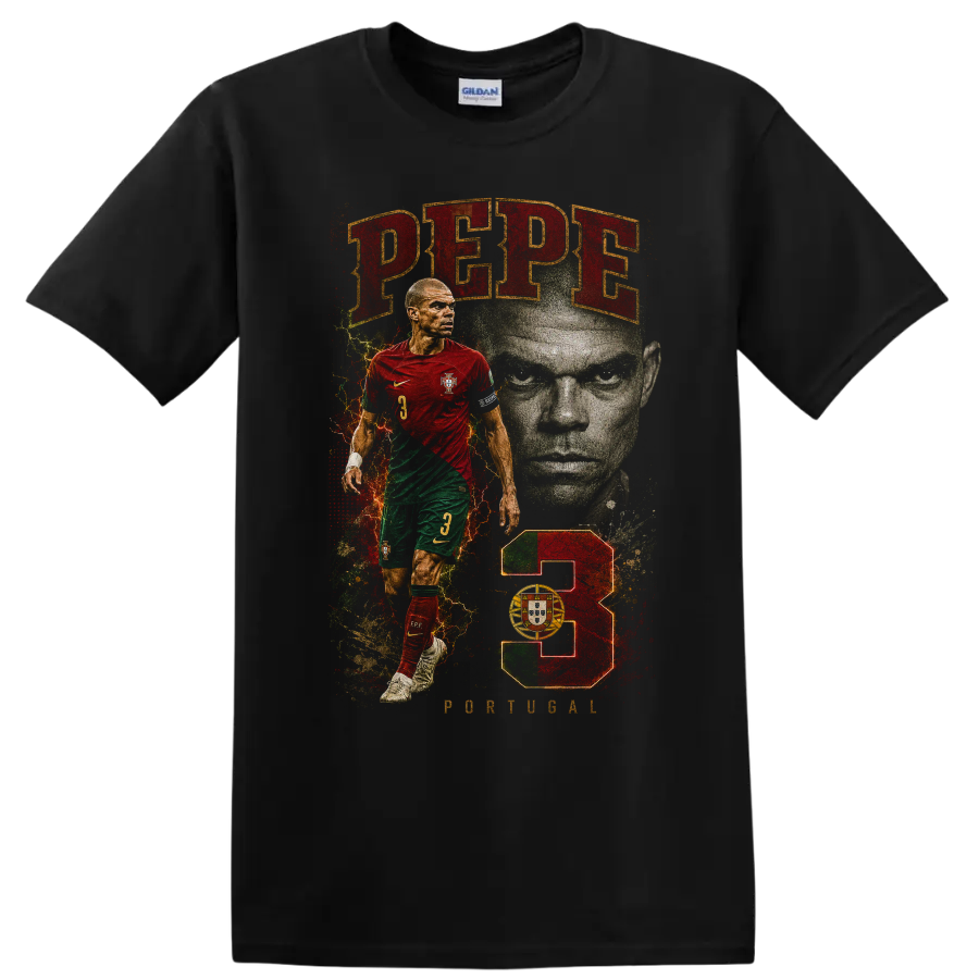 Pepe Portugal soccer player portrait graphic with red and green design on a Black T Shirt