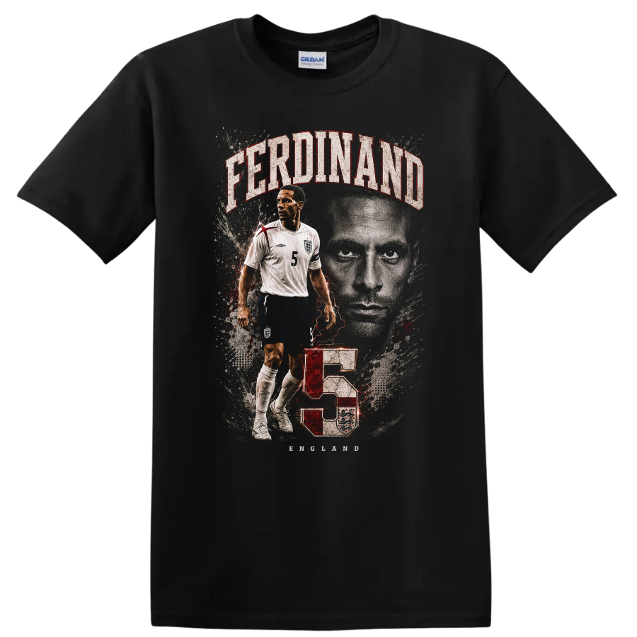 Rio Ferdinand England soccer portrait with FERDINAND text and number 5 on a Black T Shirt