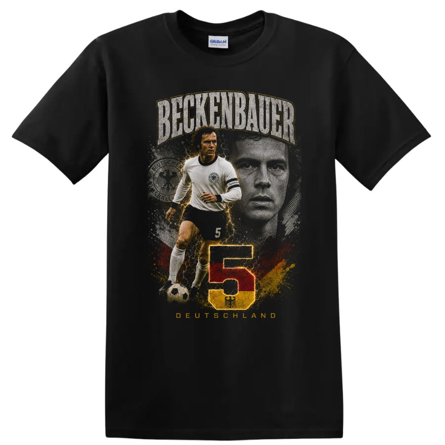 Franz Beckenbauer soccer graphic with BECKENBAUER, number 5, and DEUTSCHLAND on a Black T Shirt