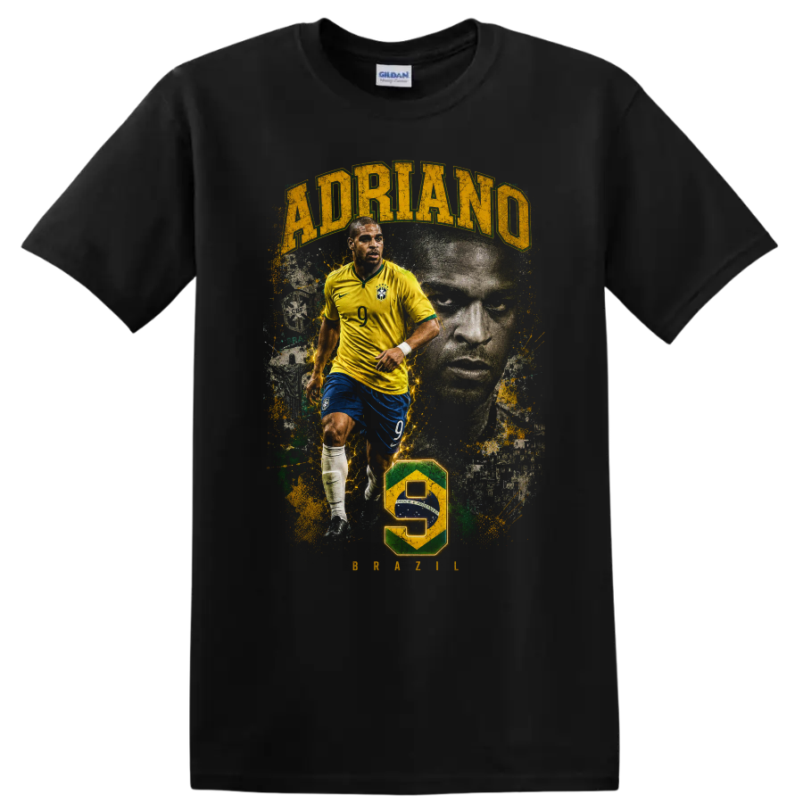 Adriano Brazil soccer graphic with action pose, portrait, and number 9 on a Black T Shirt
