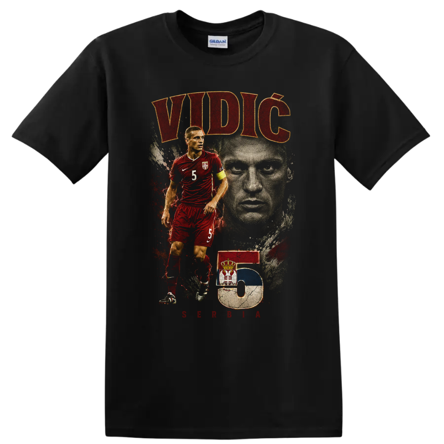Nemanja Vidic Serbia soccer portrait graphic with VIDIĆ and number 5 on a Black T Shirt