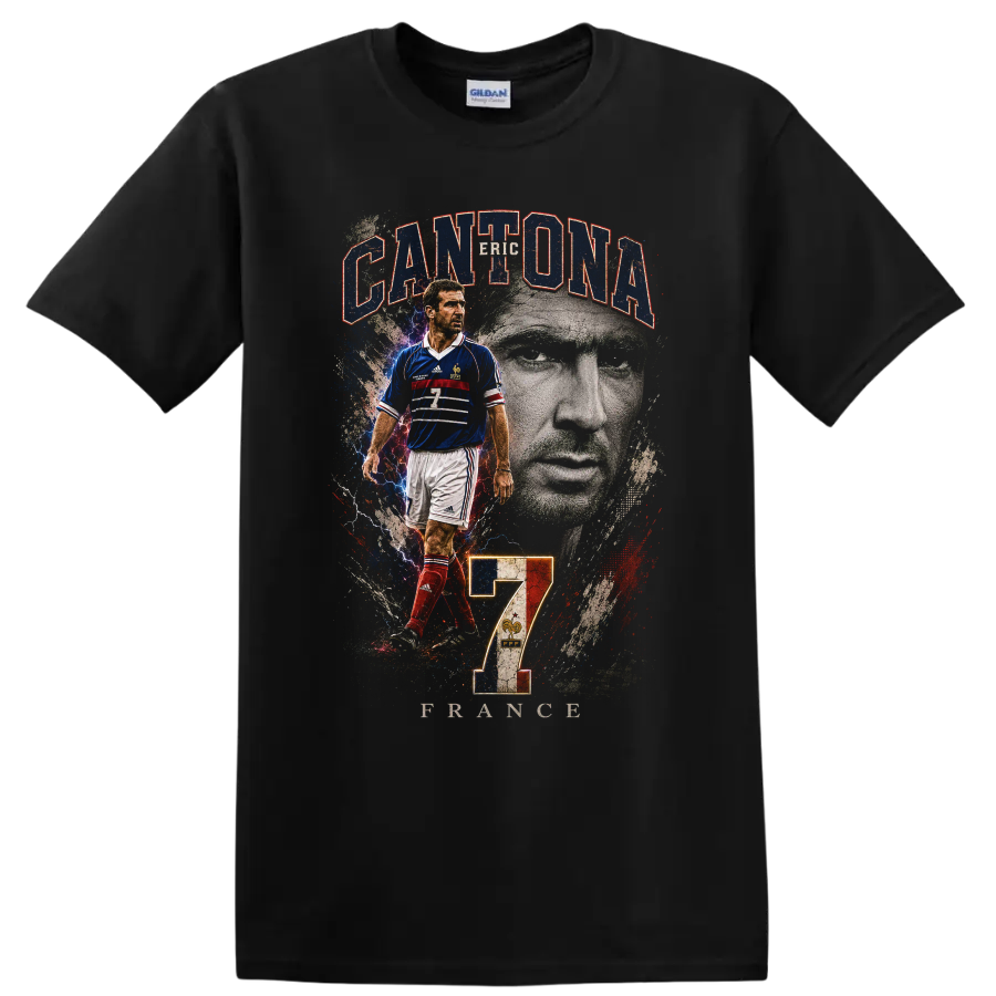 Eric Cantona France soccer graphic with portrait, CANTONA, FRANCE, and number 7 on a Black T Shirt