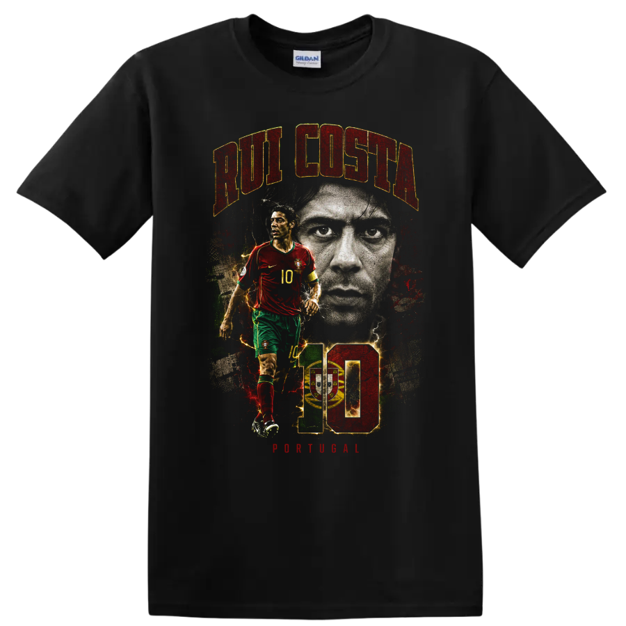 Rui Costa Portugal soccer portrait graphic with number 10 on a Black T Shirt