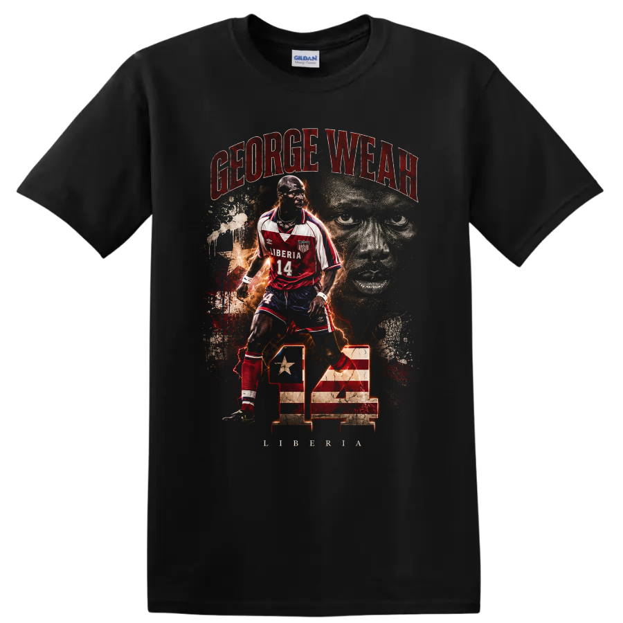 George Weah Liberia soccer number 14 distressed portrait graphic on a Black T Shirt