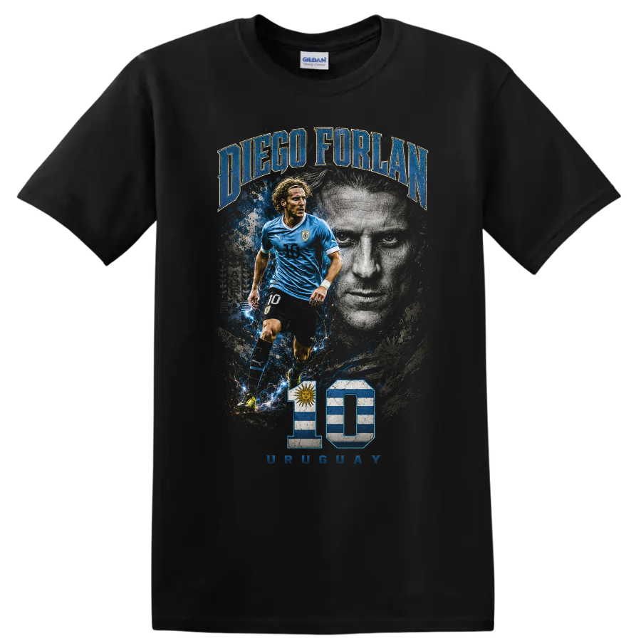Diego Forlán Uruguay soccer action portrait graphic with number 10 on a Black T Shirt