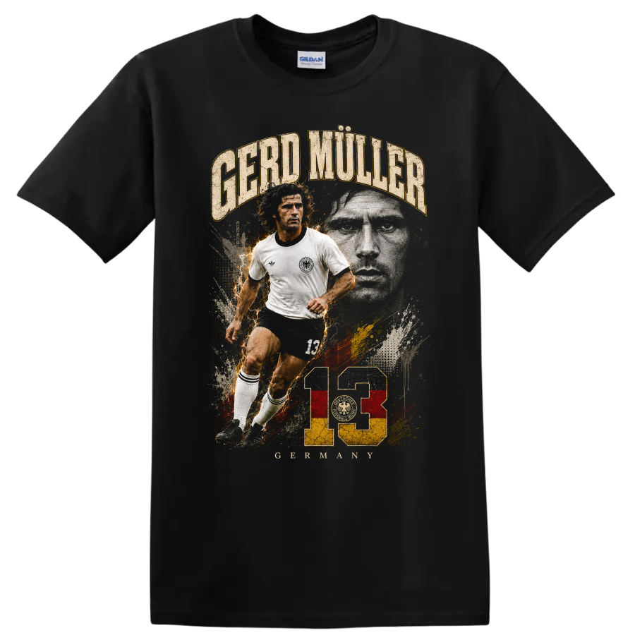 Gerd Müller soccer action portrait with distressed 13 vintage graphic on a Black T Shirt