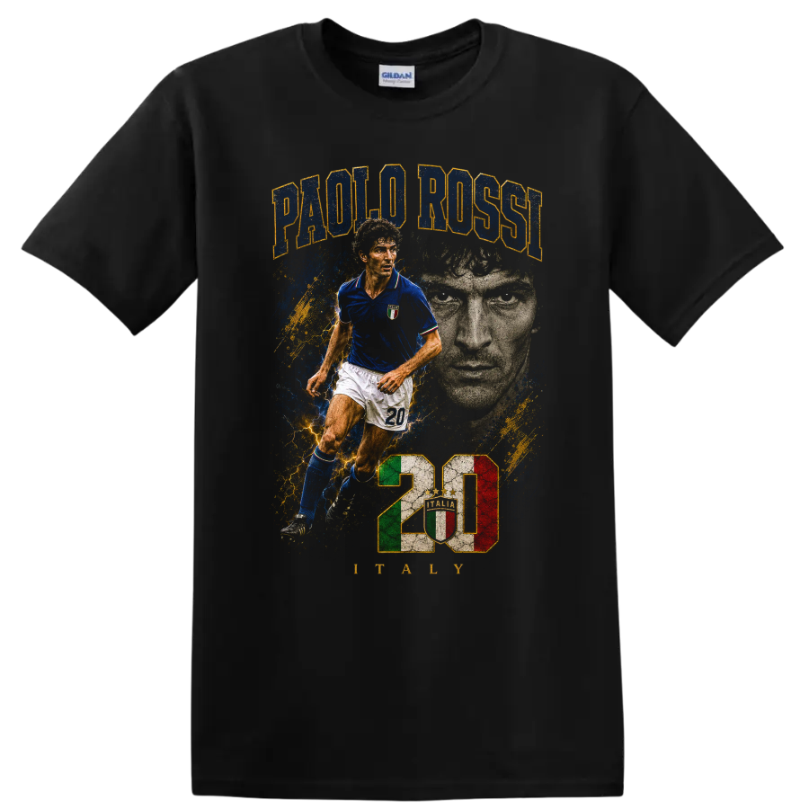Paolo Rossi Italy soccer player vintage portrait and action graphic on a Black T Shirt