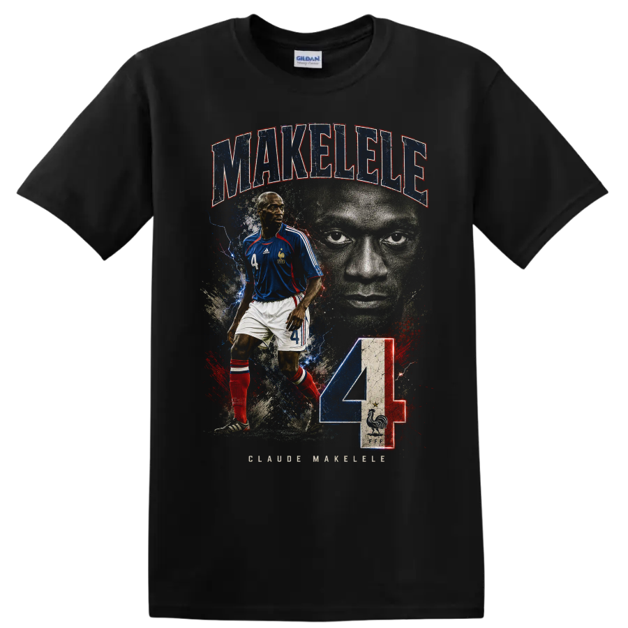 Claude Makelele France soccer portrait with MAKÉLÉLÉ text and number 4 on a Black T Shirt