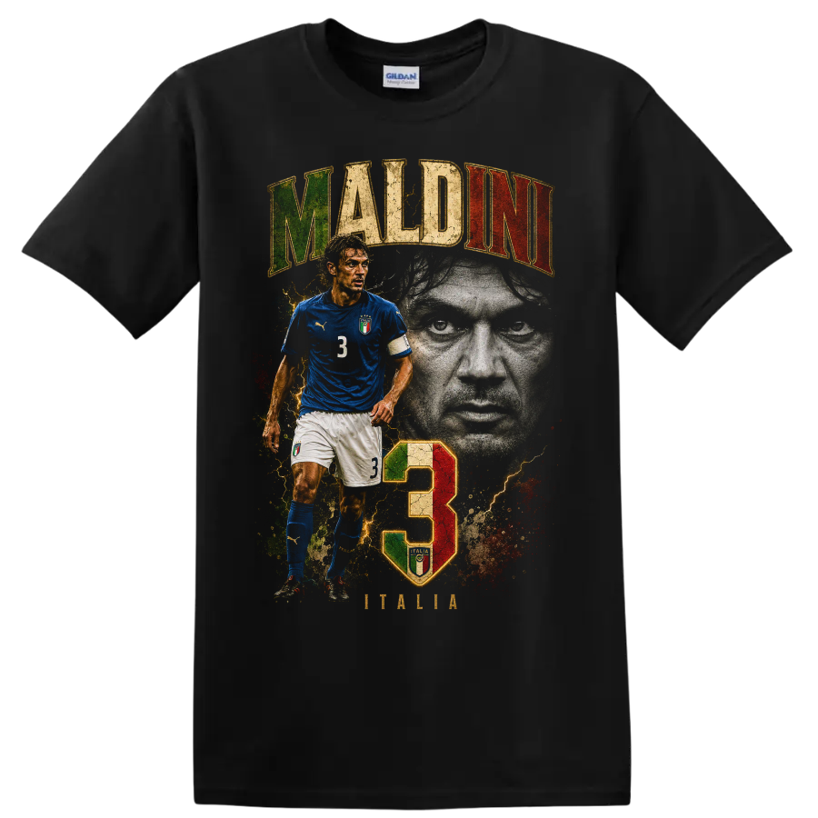 Paolo Maldini Italy soccer graphic with portrait, number 3, and MALDINI text on a Black T Shirt