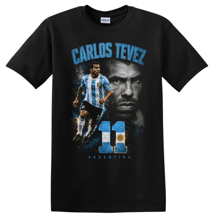 Carlos Tevez Argentina soccer portrait graphic with number 11 and flag on a Black T Shirt