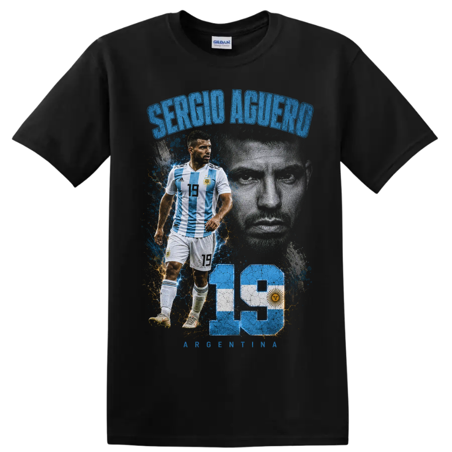 Sergio Agüero Argentina soccer tribute graphic with portrait and number 19 on a Black T Shirt