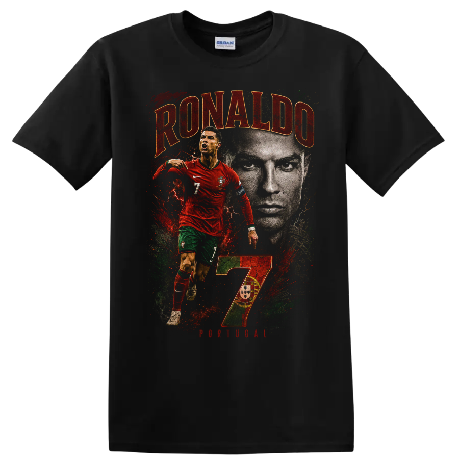 Cristiano Ronaldo Portugal soccer collage with RONALDO and number 7 on a Black T Shirt