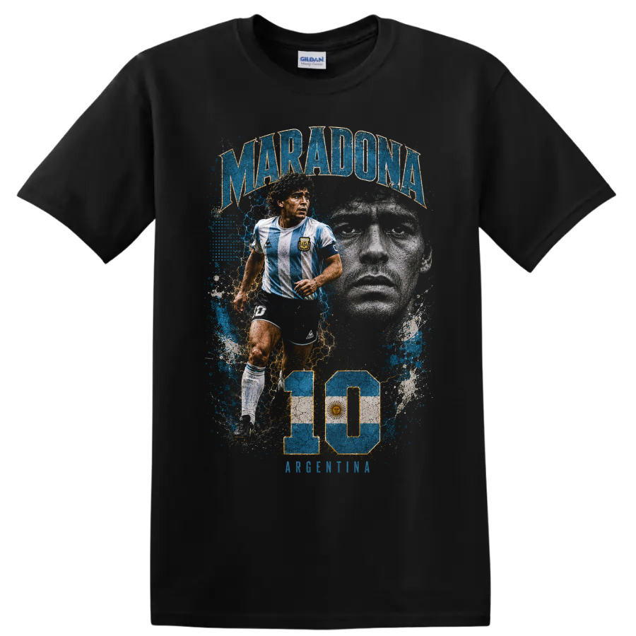 Diego Maradona Argentina soccer collage with number 10 graphic print on a Black T Shirt