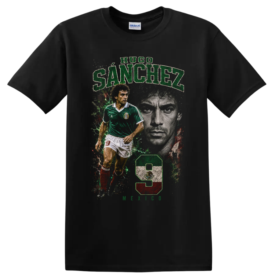 Hugo Sánchez Mexico soccer tribute graphic with number 9 on a Black T Shirt