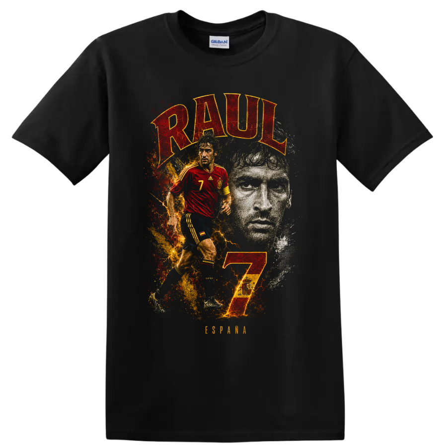 Raúl González soccer tribute graphic with RAUL lettering and number 7 on a Black T Shirt