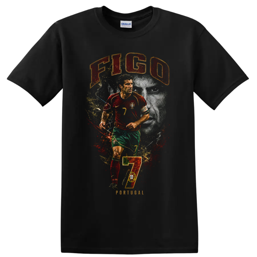 Luís Figo Portugal soccer portrait with number 7 and distressed graphic design on a Black T Shirt